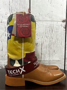 Twisted X Olivia Bennett Rose Americana Leather Boots Yellow Floral Shaft 6.5